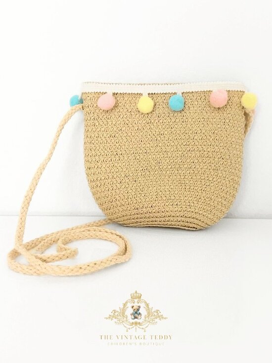 Other - NWT Adorable Girls Straw Handbag Kids Accessories Shoulder Bohemian Pom Poms Tan